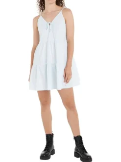 Robe courte à fines bretelles en coton biologique ciel unie à coupe babydoll