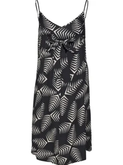 Robe courte à fines bretelles noire imprimé feuille à coupe droite et col v