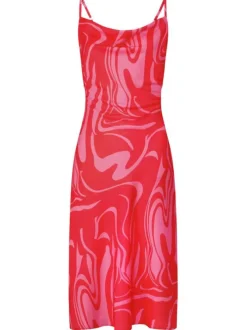 Robe courte à fines bretelles rouge imprimé abstrait à coupe ajustée et col v