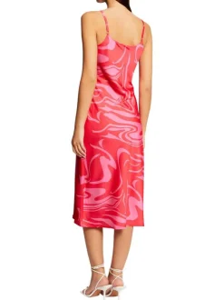 Robe courte à fines bretelles rouge imprimé abstrait à coupe ajustée et col v