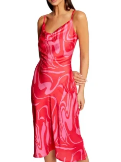 Robe courte à fines bretelles rouge imprimé abstrait à coupe ajustée et col v