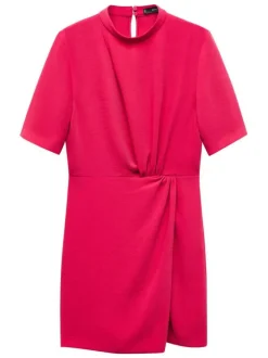 Robe courte fuchsia avec coupe fluide col montant et à manches courtes