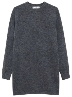 Robe courte grise unie à coupe droite, col rond et à manches longues chiné