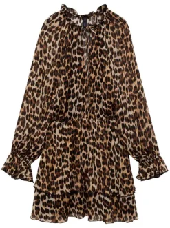 Robe courte imprimée léopard avec une coupe droite et un col rond