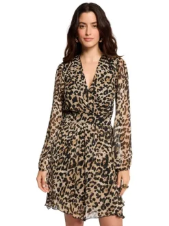Robe courte à imprimé léopard avec un col cache-coeur et des manches longues