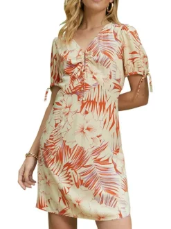 Robe courte Islande orange fleurie à coupe droite col v et à manches courtes