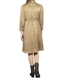 Robe courte jaune imprimé abstrait à coupe évasée col italien et à manches 3/5