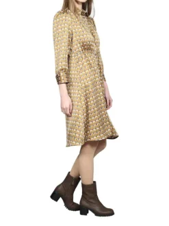 Robe courte jaune imprimé abstrait à coupe évasée col italien et à manches 3/5