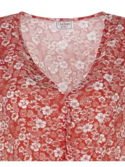 Robe courte Jeanne rouge fleurie à coupe droite col v et à manches courtes