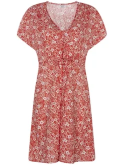 Robe courte Jeanne rouge fleurie à coupe droite col v et à manches courtes