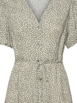 Robe courte kaki imprimée avec une coupe droite à col v et des boutons