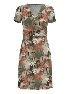 Robe courte kaki imprimée tropical avec une coupe ajustée à col v