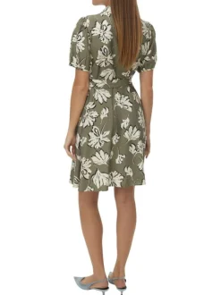 Robe courte kaki ornée d'un motif floral et pourvu d'un col chemise