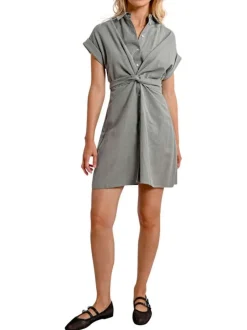 Robe courte kaki unie avec une coupe droite et un col à revers