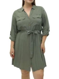 Robe courte kaki unie avec une coupe fluide et un col à revers