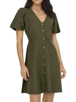 Robe courte kaki unie cintré avec une coupe fluide et un col V
