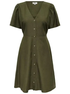Robe courte kaki unie cintré avec une coupe fluide et un col V