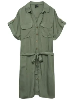 Robe courte kaki unie cintrée à col v et à manches courtes avec ceinture