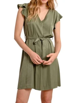 Robe courte kaki unie à coupe droite avec un col v et des manches courtes