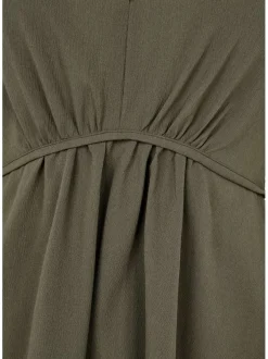 Robe courte kaki unie à coupe patineuse col v et à manches longues