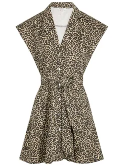 Robe courte léopard à coupe cintrée, col v et à manches longues à boutons