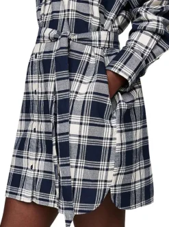 Robe courte marine à carreaux avec un col français et à manches longues