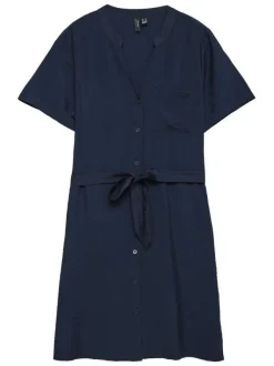 Robe courte marine à coupe droite pourvue d'un col v et de manches courtes