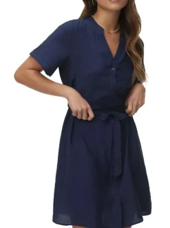 Robe courte marine à coupe droite pourvue d'un col v et de manches courtes