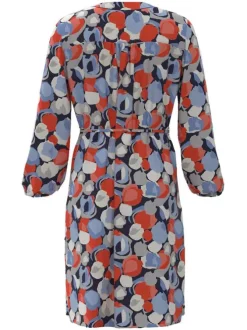 Robe courte marine imprimé tacheté à coupe droite col v et à manches longues