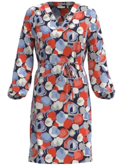 Robe courte marine imprimé tacheté à coupe droite col v et à manches longues