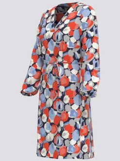 Robe courte marine imprimé tacheté à coupe droite col v et à manches longues
