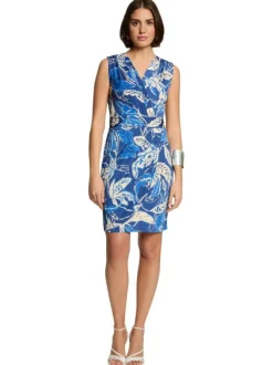 Robe courte marine à imprimé végétal ,coupe cintrée, col v sans manches