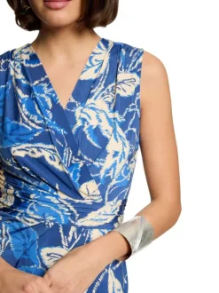 Robe courte marine à imprimé végétal ,coupe cintrée, col v sans manches