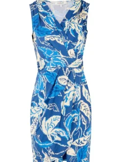 Robe courte marine à imprimé végétal ,coupe cintrée, col v sans manches