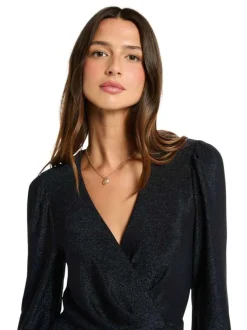 Robe courte marine incrustée de fils lurex et pourvue d'un col v
