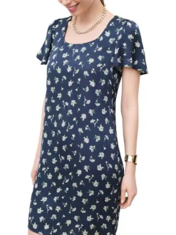 Robe courte marine à motifs floraux avec une coupe droite et un col carré