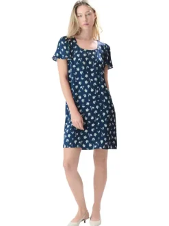 Robe courte marine à motifs floraux avec une coupe droite et un col carré