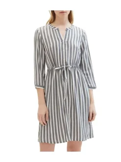 Robe courte marine rayée coupe droite col tunisien et à manches longues
