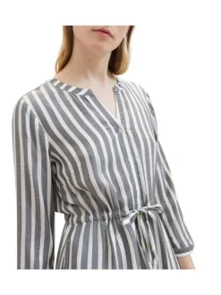 Robe courte marine rayée coupe droite col tunisien et à manches longues