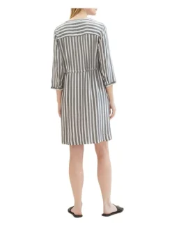 Robe courte marine rayée coupe droite col tunisien et à manches longues