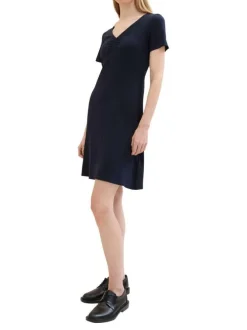 Robe courte marine unie coupe ajustée col v et à manches courtes