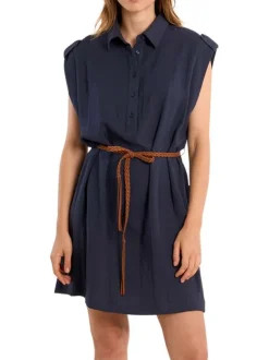 Robe courte marine unie pourvue d'un col chemise et d'une coupe droite