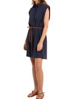 Robe courte marine unie pourvue d'un col chemise et d'une coupe droite