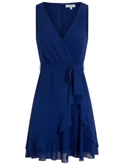 Robe courte marine unie pourvue d'une coupe évasée et d'un décolleté cache-coeur