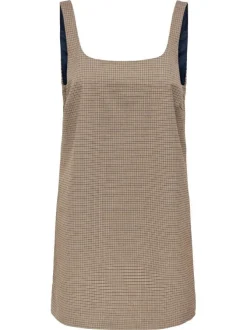 Robe courte marron à bretelles imprimé pied de poule à coupe droite et col carré