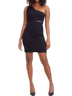 Robe courte moulante noire unie avec un col asymétrique à une seule bretelle