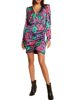 Robe courte multicolore fleurie avec une coupe asymétrique et col cache-coeur
