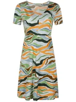 Robe courte multicolore imprimé abstrait avec une coupe droite et un col v