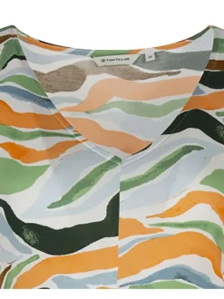 Robe courte multicolore imprimé abstrait avec une coupe droite et un col v