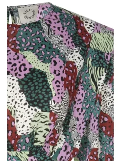 Robe courte multicolore imprimé animal avec col rond et volants au niveau des épaules